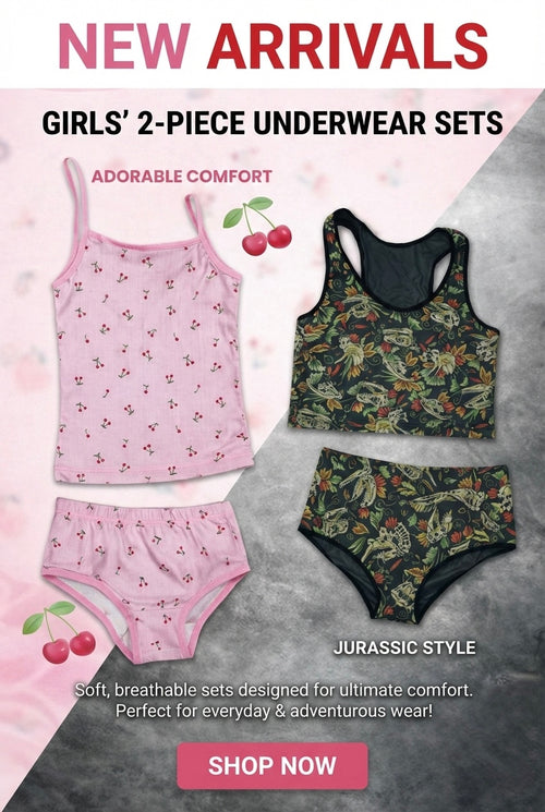 Girls' 2-piece underwear sets with pink tank top and shorts, and black sports bra and shorts on a gray background.