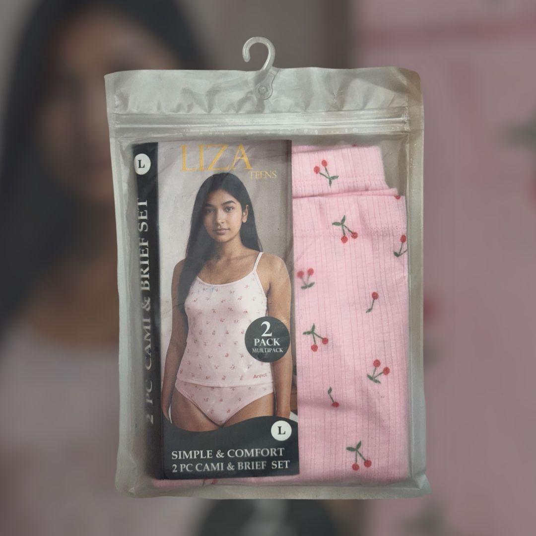 Packaged Liza women's underwear set with pink cami and briefs on a hanger.