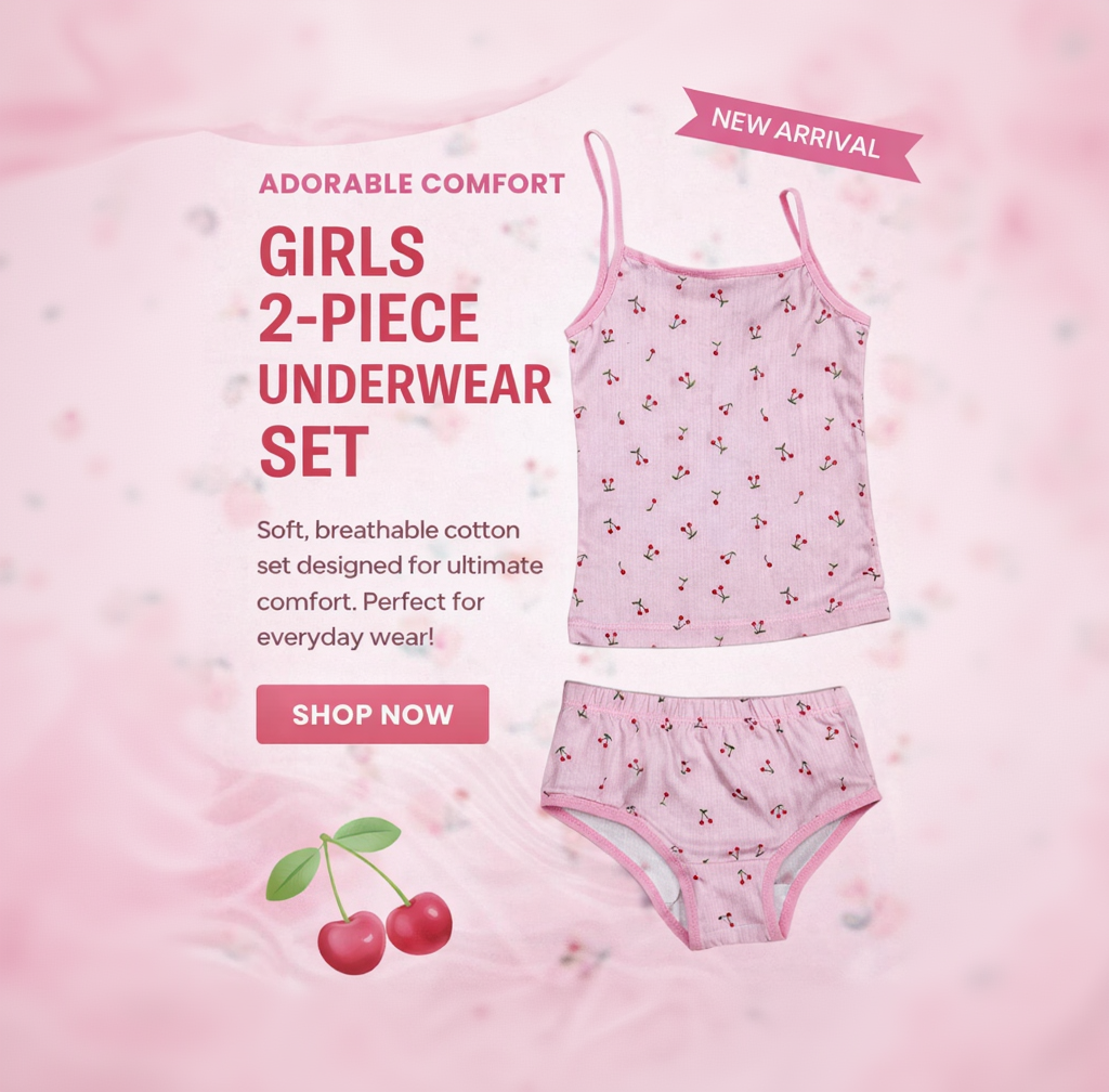 Pink girls' 2-piece underwear set with cherry pattern on a pink background, labeled as a new arrival.