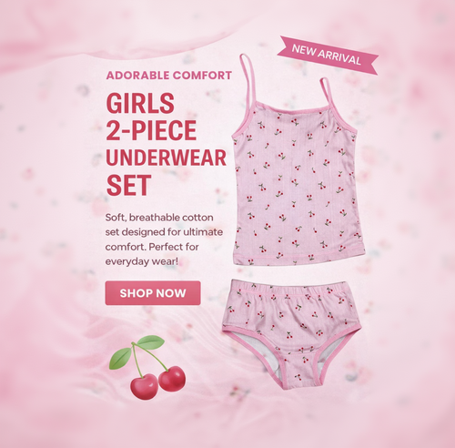 Pink girls' 2-piece underwear set with cherry pattern on a pink background, labeled as a new arrival.