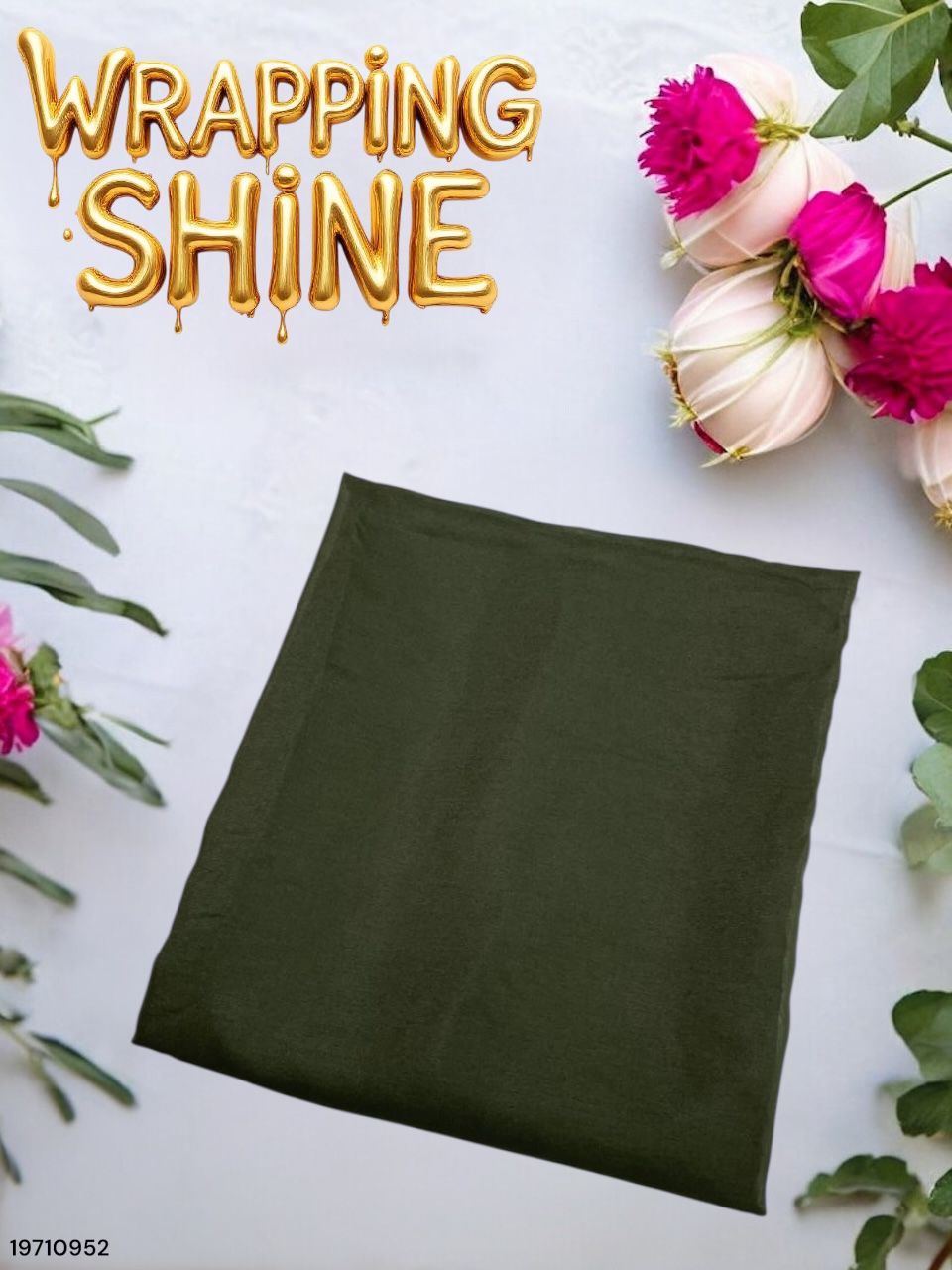 Green wrapping paper with flowers and 'Wrapping Shine' text on a white background