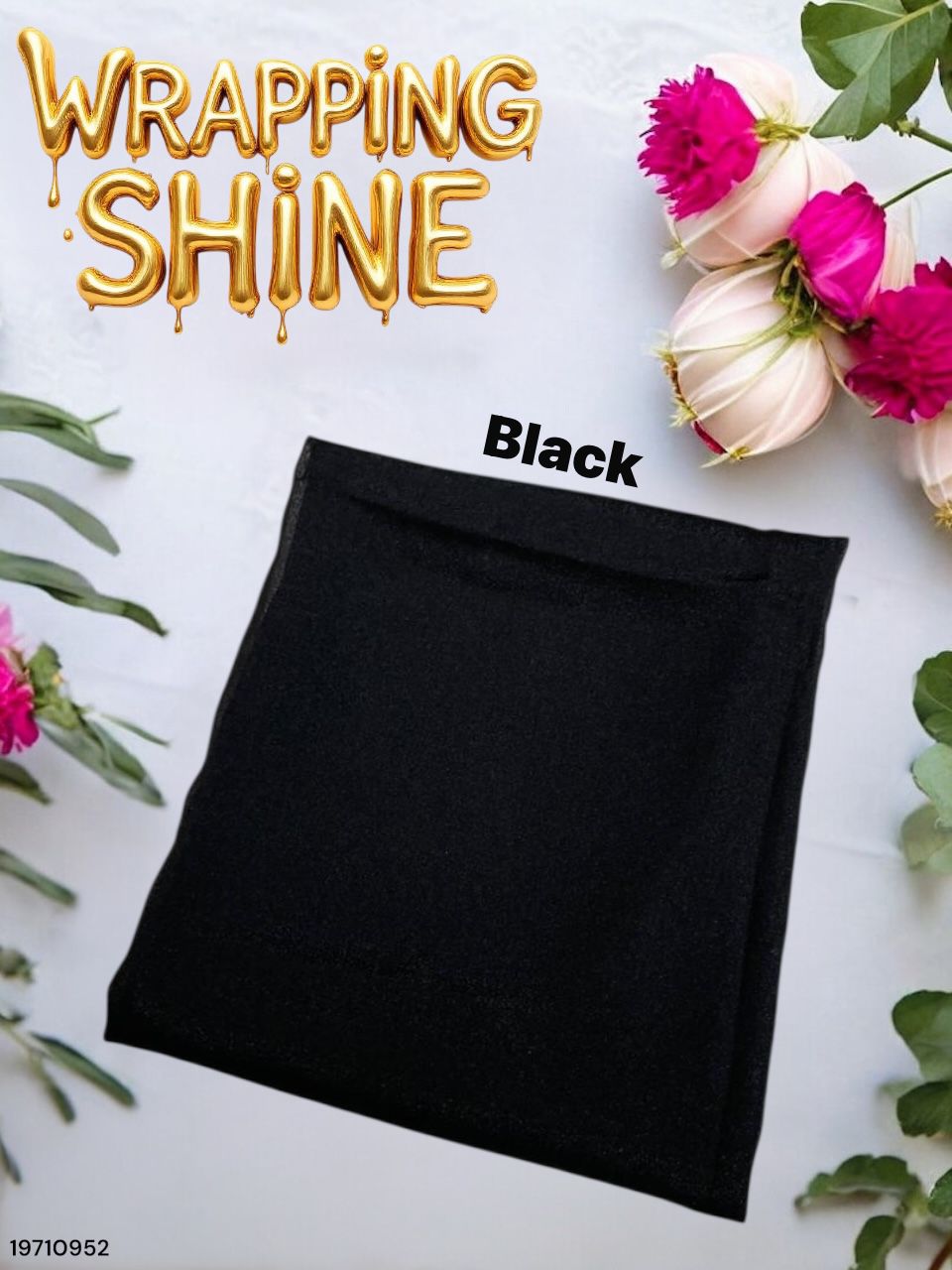 Black wrapping paper with 'Wrapping Shine' text and flowers on a white background