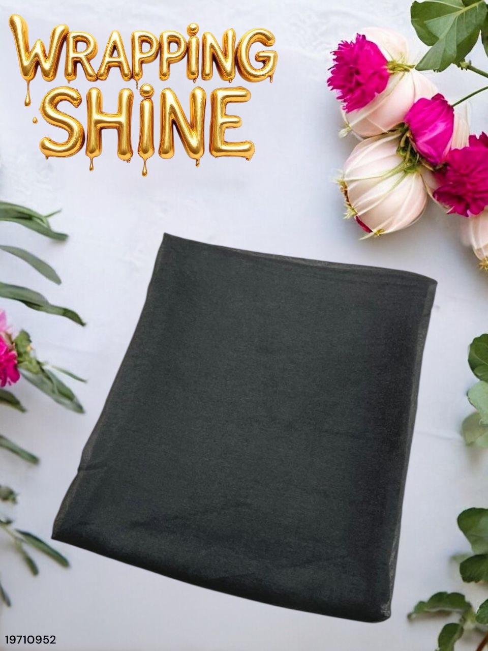 Black wrapping paper with flowers and 'Wrapping Shine' text on a light background