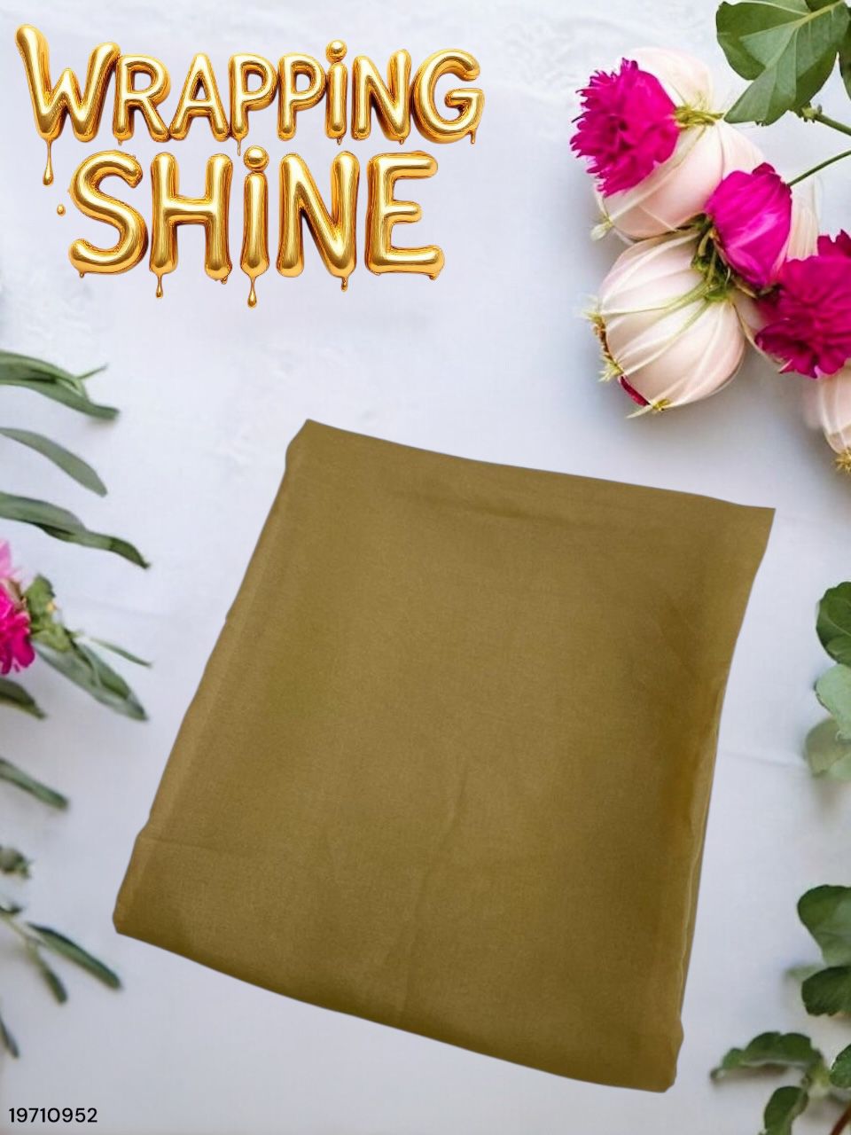 Brown paper wrap with flowers and leaves on a white background, featuring 'Wrapping Shine' text.