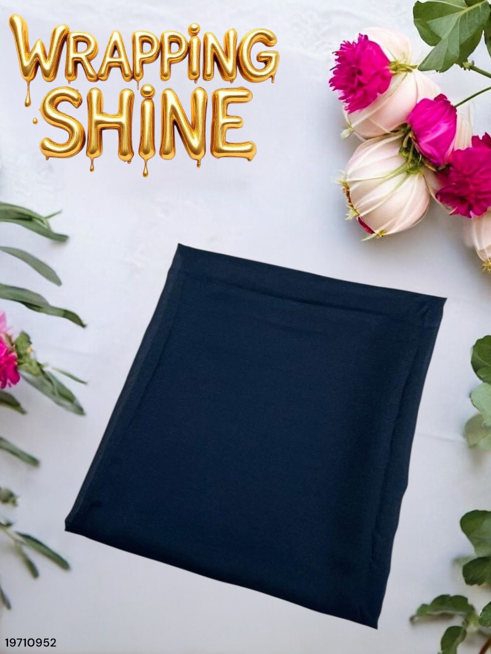 Navy blue wrapping paper with pink flowers and green leaves on a white background, featuring 'Wrapping Shine' text.