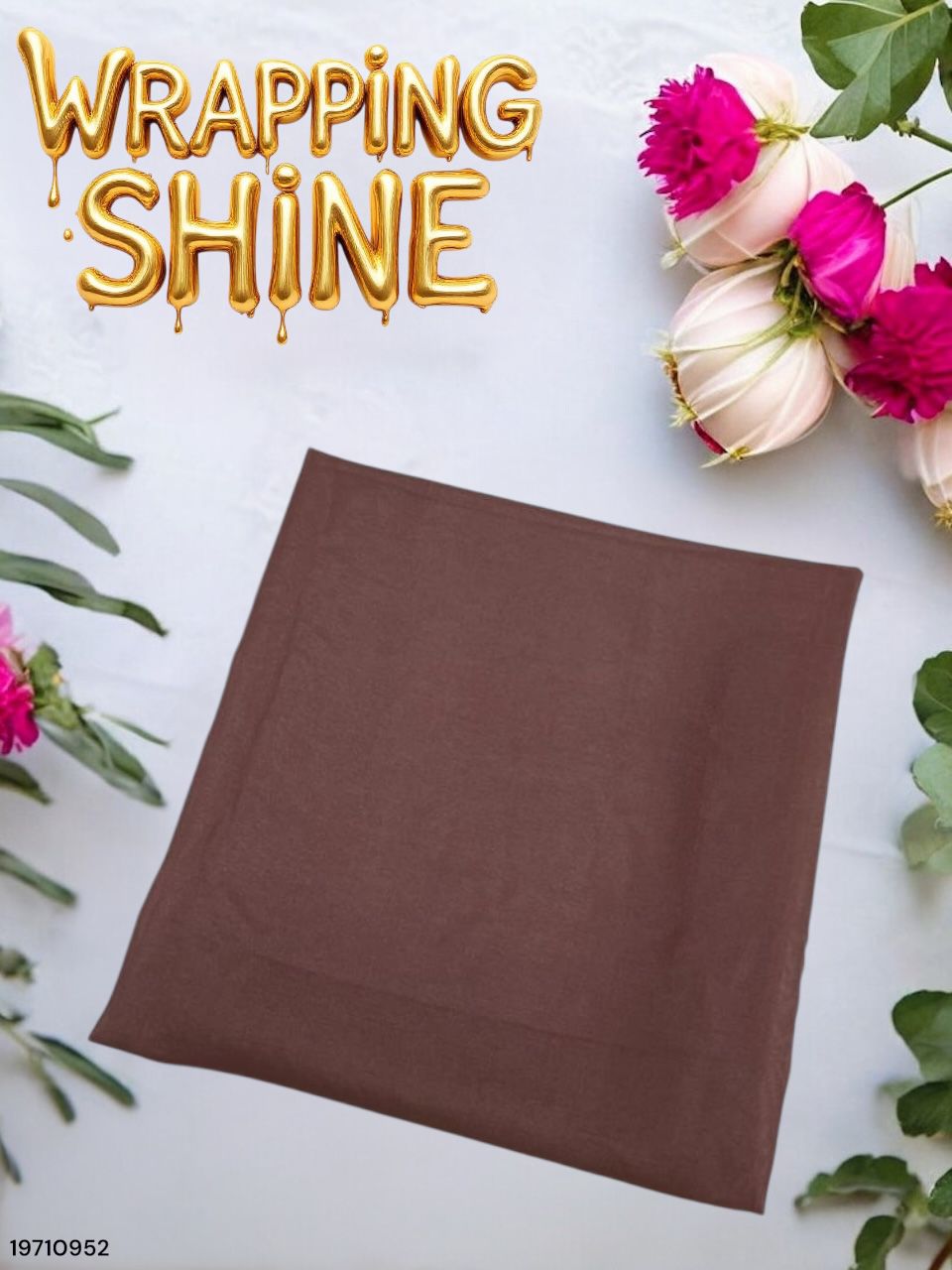 Brown wrapping paper with flowers and 'Wrapping Shine' text on a white background