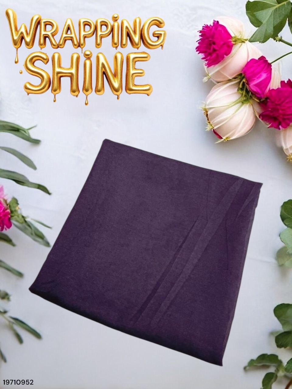 Purple wrapping paper with flowers and 'Wrapping Shine' text on a white background