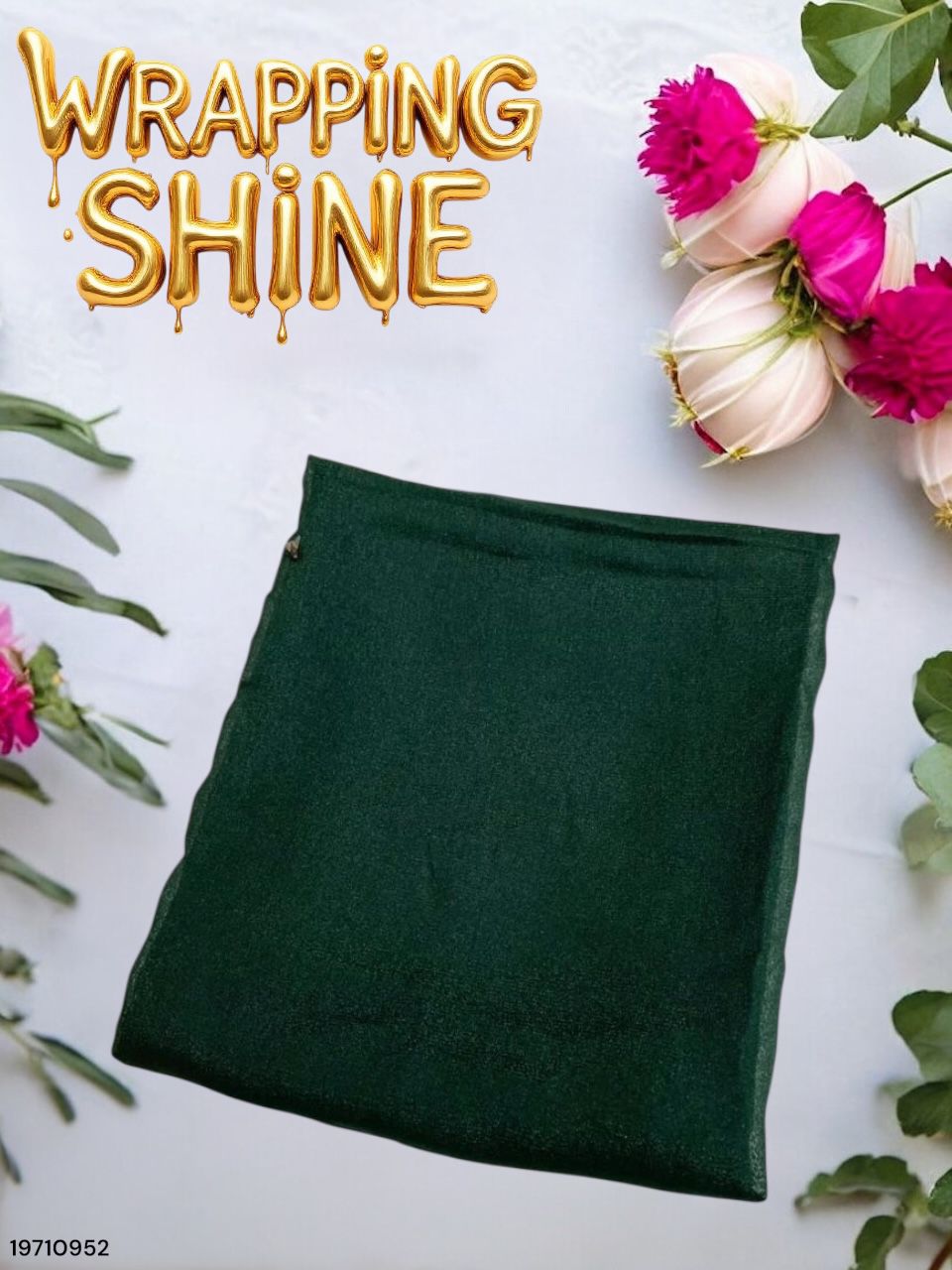 Green wrapping paper with flowers and 'Wrapping Shine' text on a white background