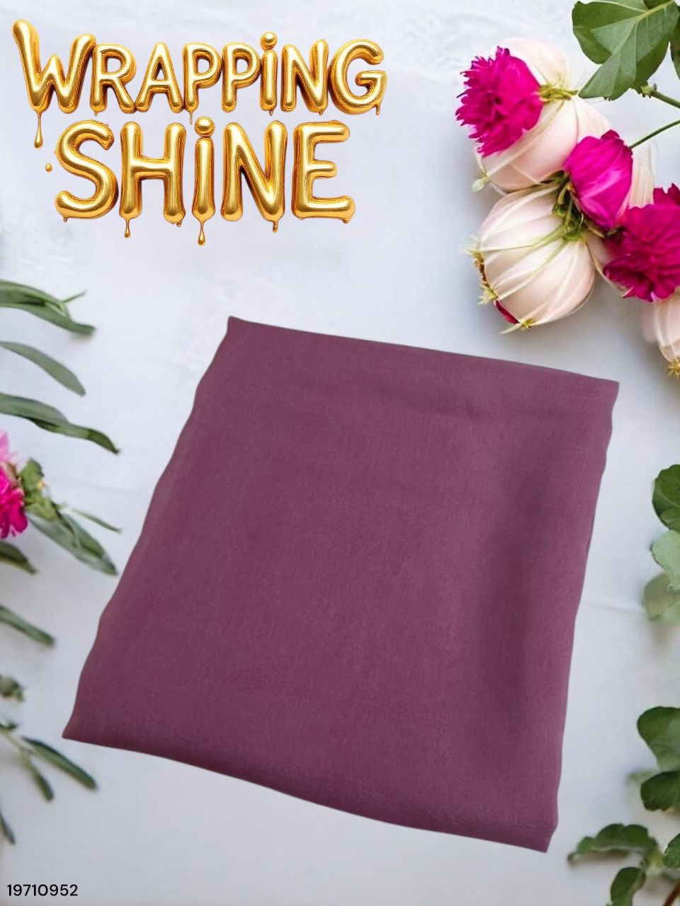 Purple wrapping paper with flowers and 'Wrapping Shine' text on a white background