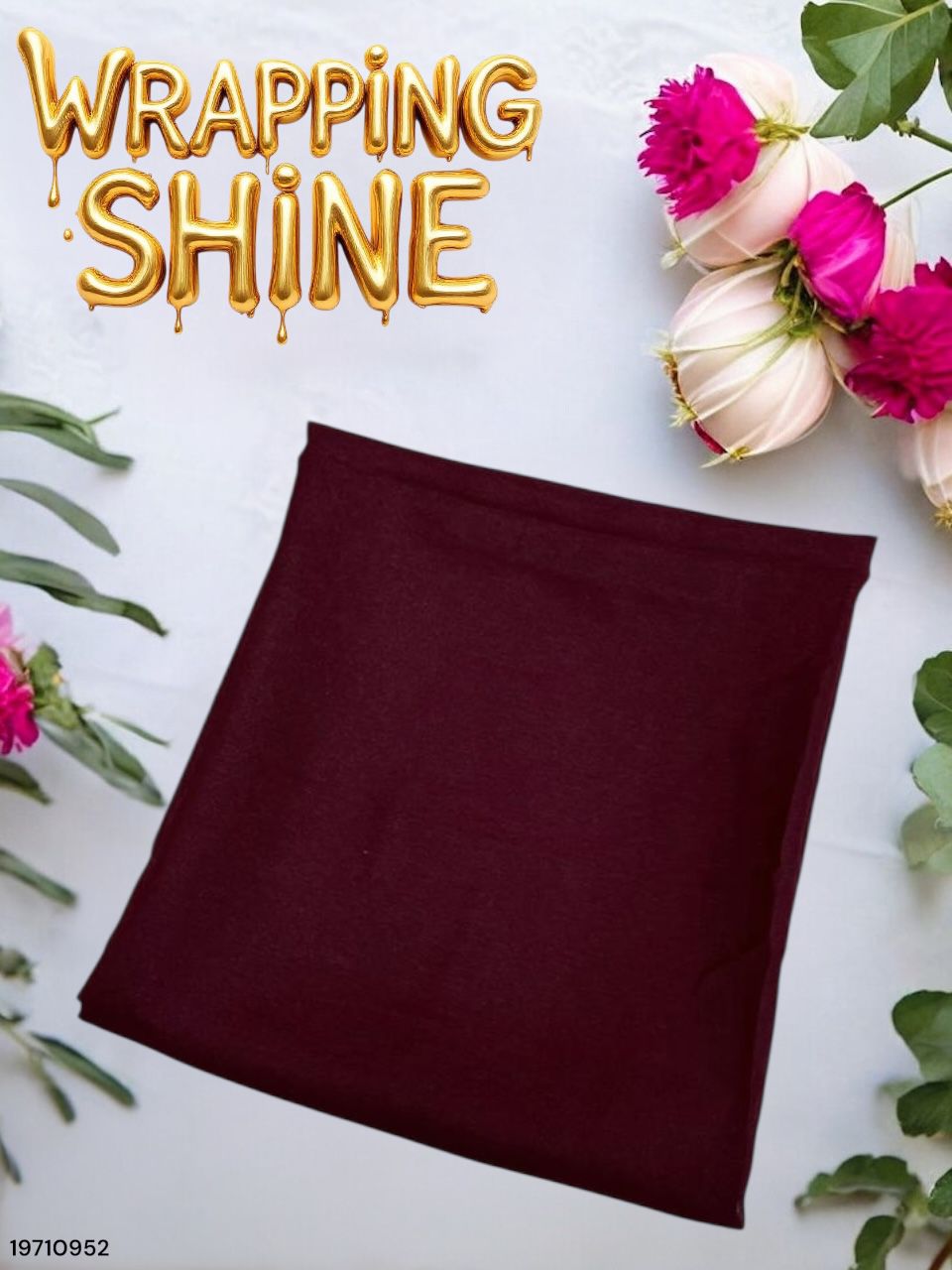 Maroon wrapping paper with flowers and 'Wrapping Shine' text on a white background