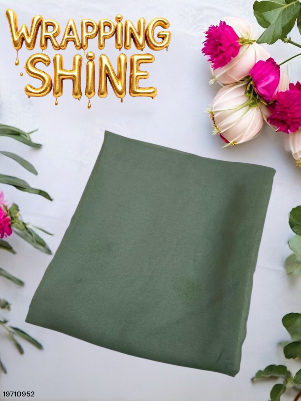 Green fabric with flowers and 'Wrapping Shine' text on a light background