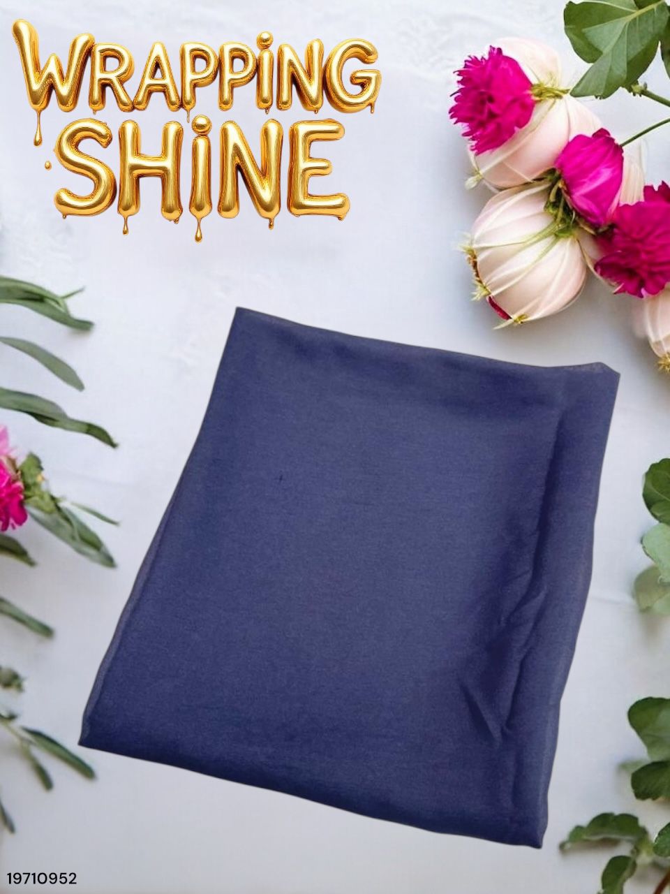 Blue fabric with 'Wrapping Shine' text and flowers on a light background