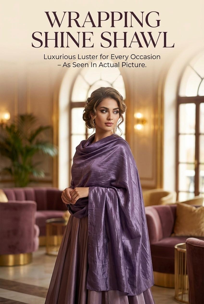 Woman wearing a purple shawl in an elegant room with text about the shawl's luxurious luster.