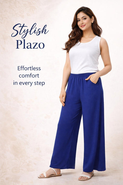 Woman wearing blue plazo with text 'Stylish Plazo' and 'Effortless comfort in every step' on a beige background