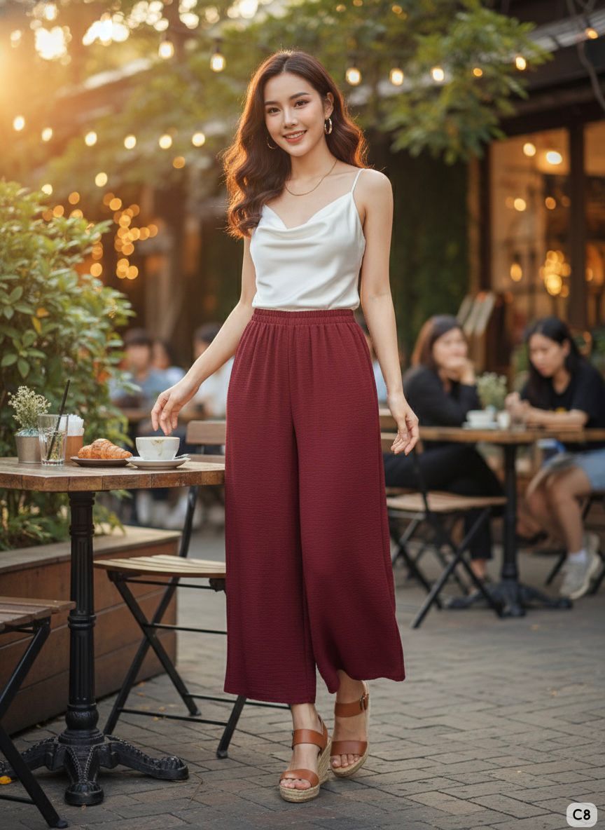 Woman in a white top and red pants standing outdoors at a cafe.