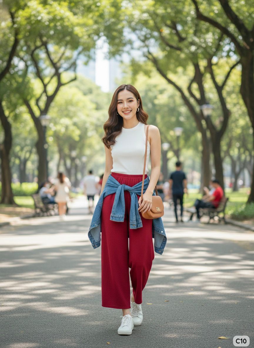 Woman in a white top and red pants walking in a park.