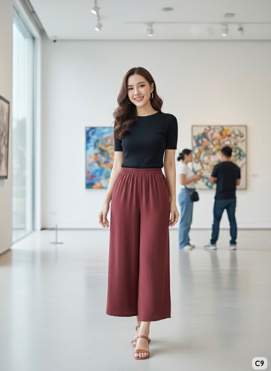 Woman in a black top and red pants standing in an art gallery.