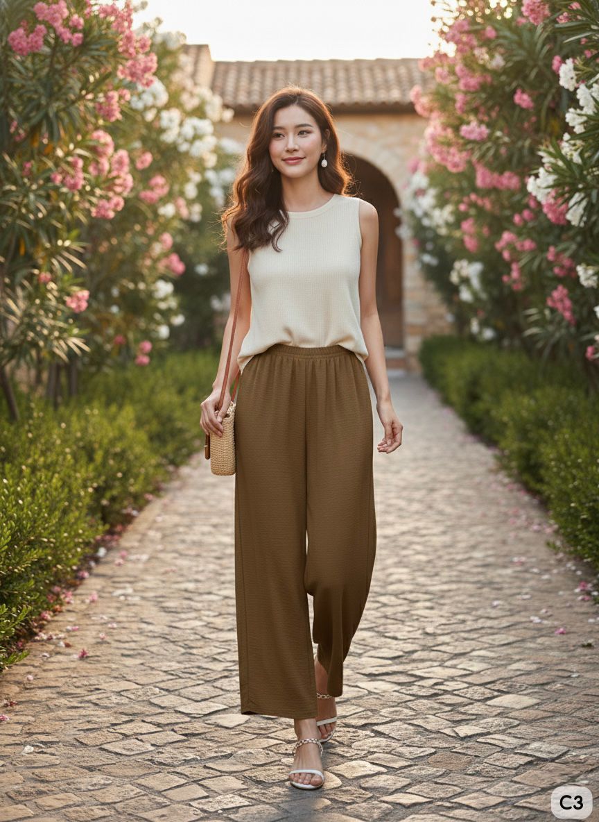 Woman in a white top and brown pants walking on a stone path with flowers on either side.